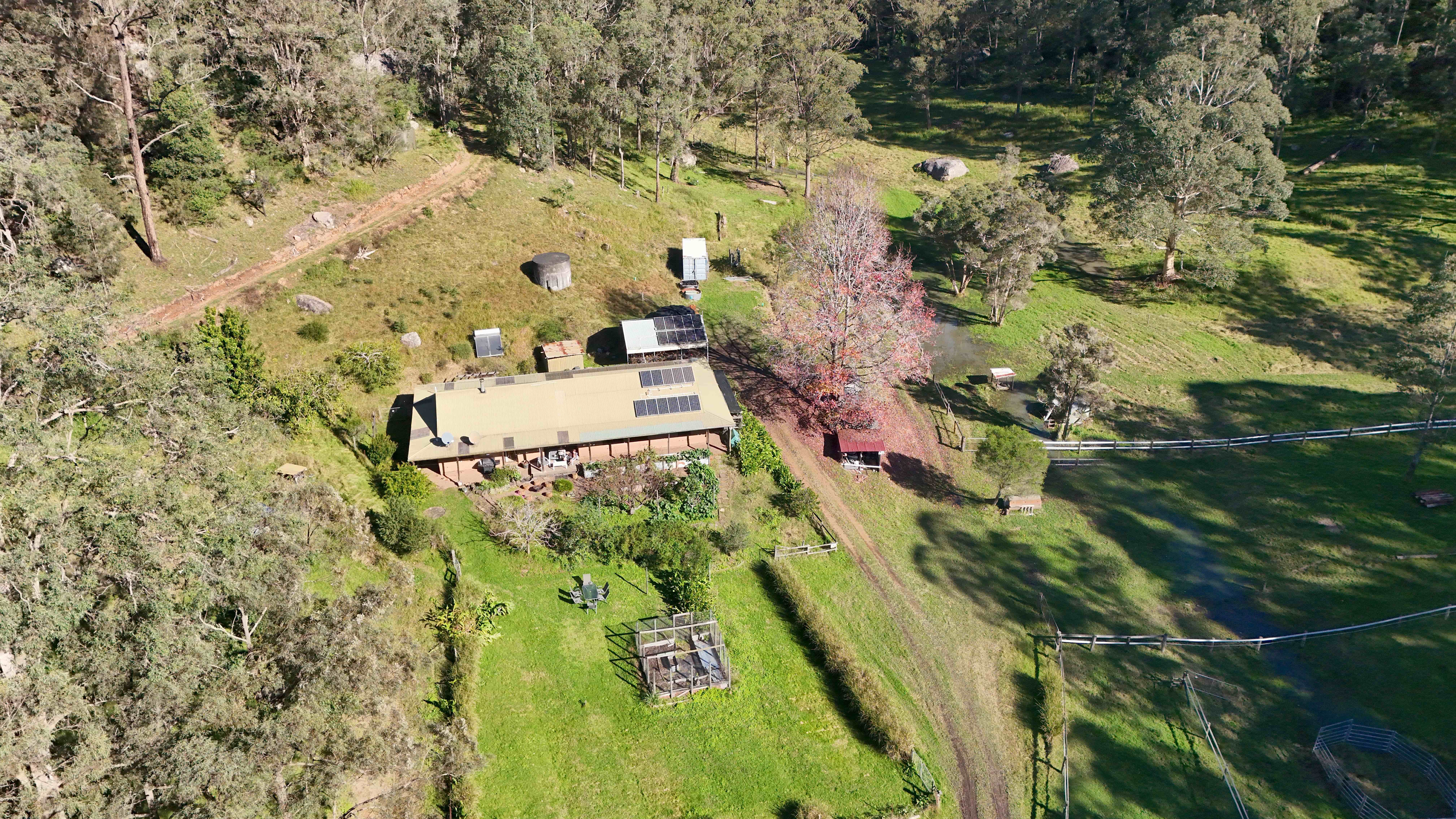 Drone photo of retreat, garden and horse yards