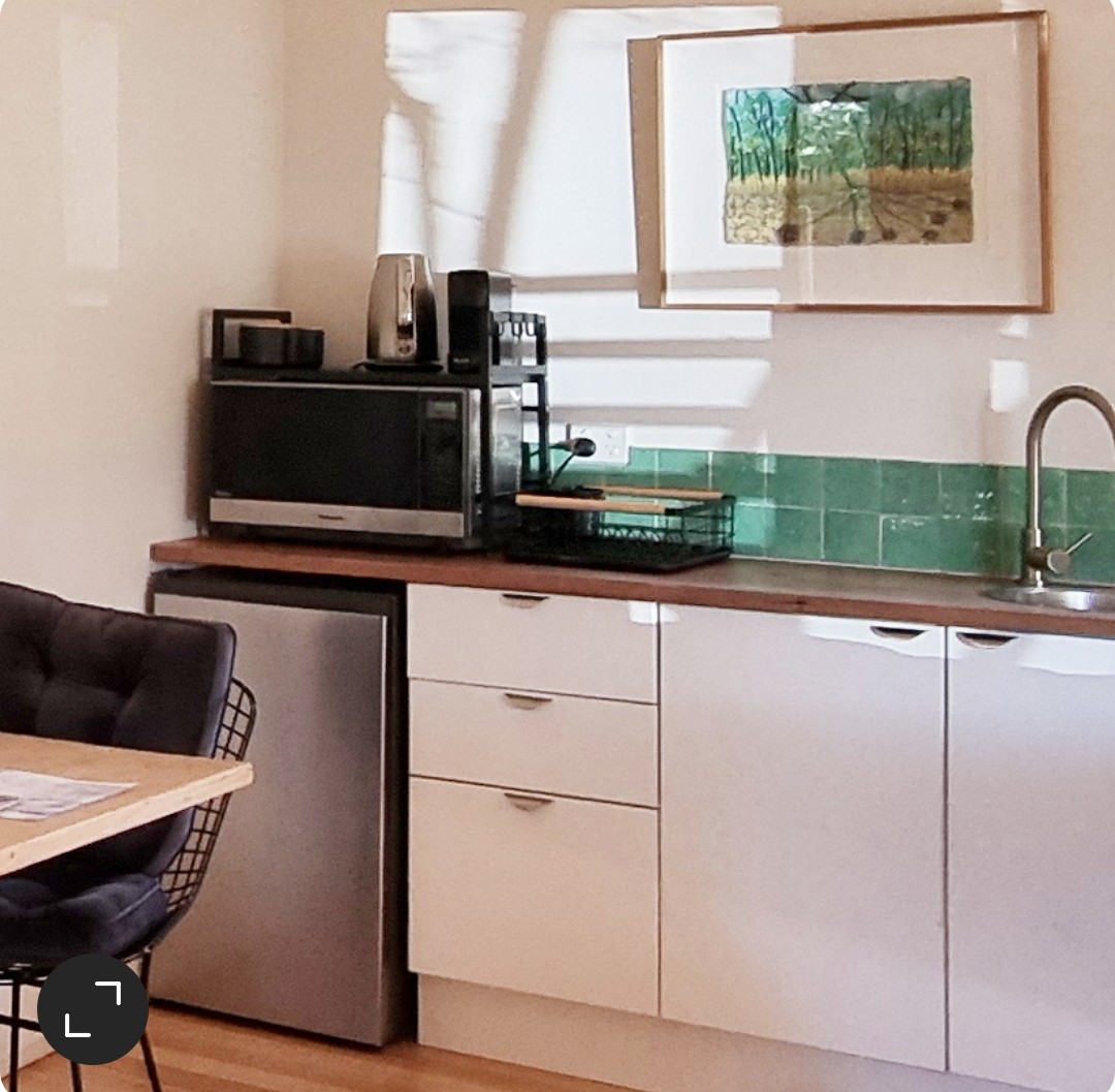 Microwave, coffee pod machine, kettle, toaster, toasted. sandwich maker. No stove or oven.