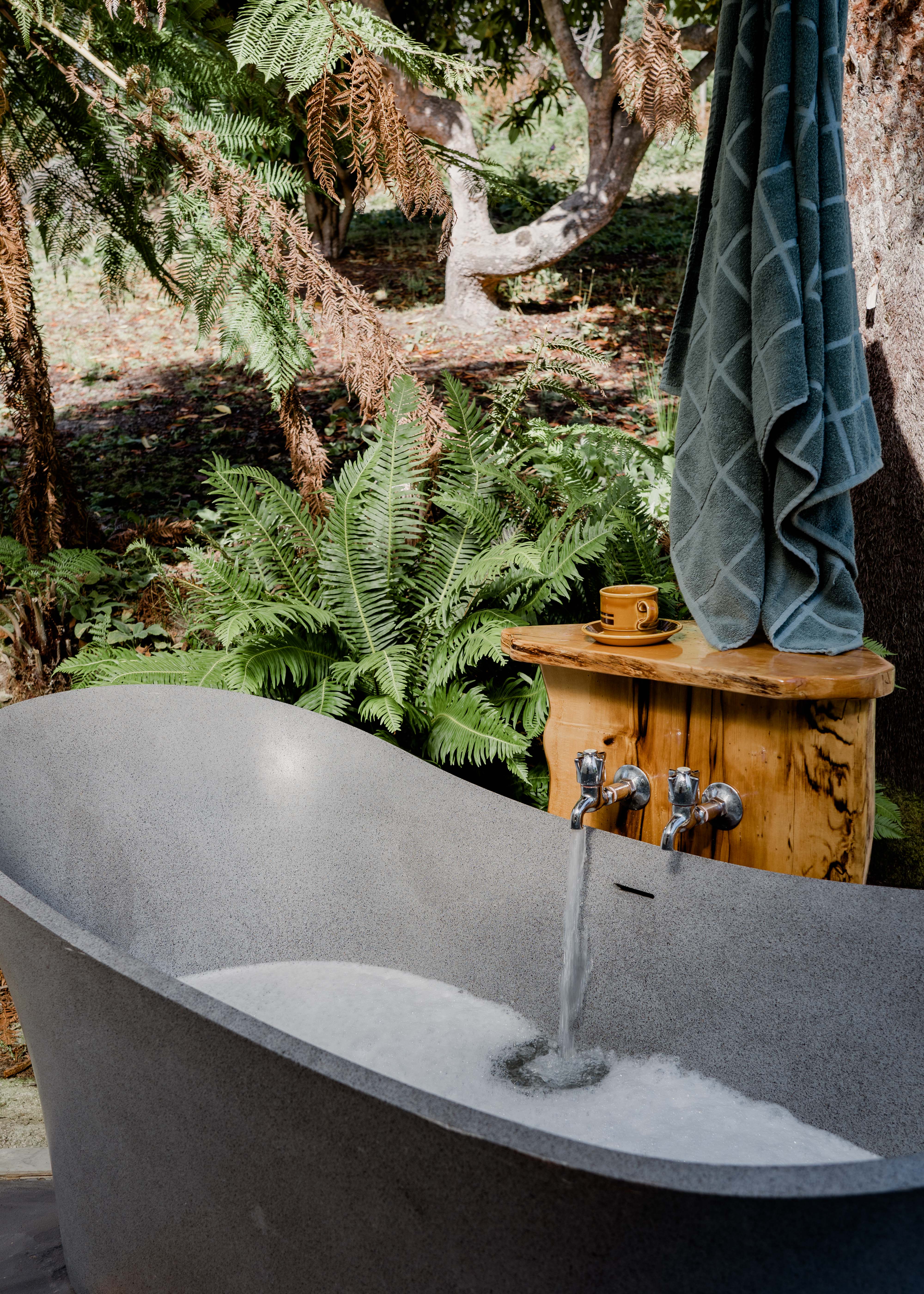Warm outdoor bath running.