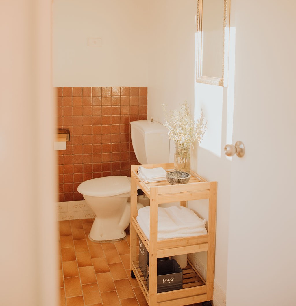 A bathroom come laundry with one step into the shower and handrails for added accessibility.